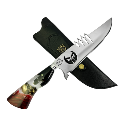 Faca Artesanal Justiceiro Skull Gold – Lâmina 8" com Símbolo Vazado