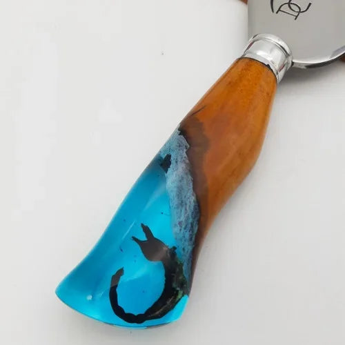 Faca de Churrasco Picanheira Escorpião Artesanal 10" Aço Inox Polido - Cabo Resina Artística Azul