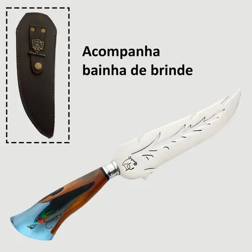 Faca de Churrasco Artesanal 8" Aço Inox Vazado Folha - Cabo Resina com Isca Peixe