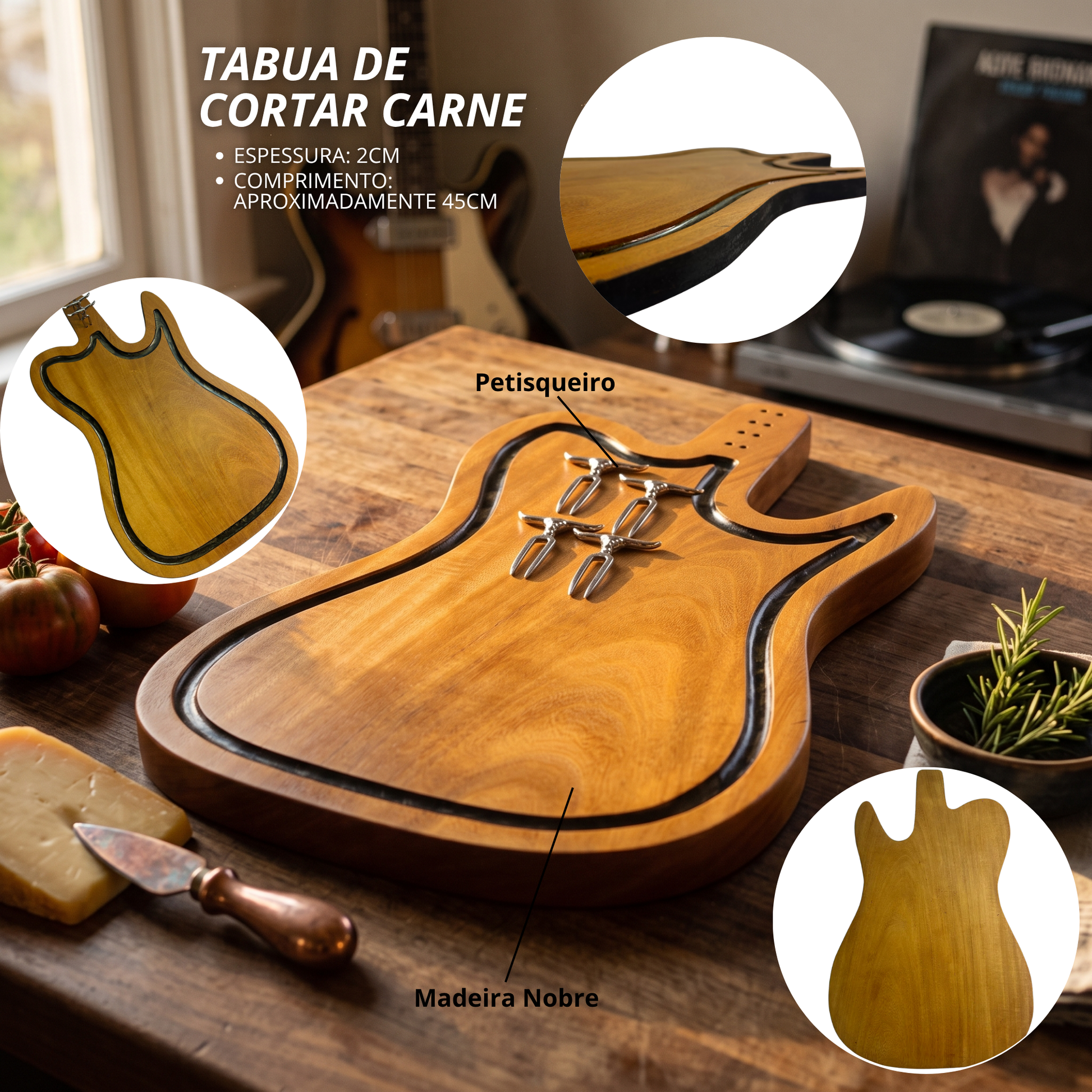 Tábua de Corte Guitarra - Madeira Nobre com Petisqueiro | Doma Crioula Cutelaria Artesanal