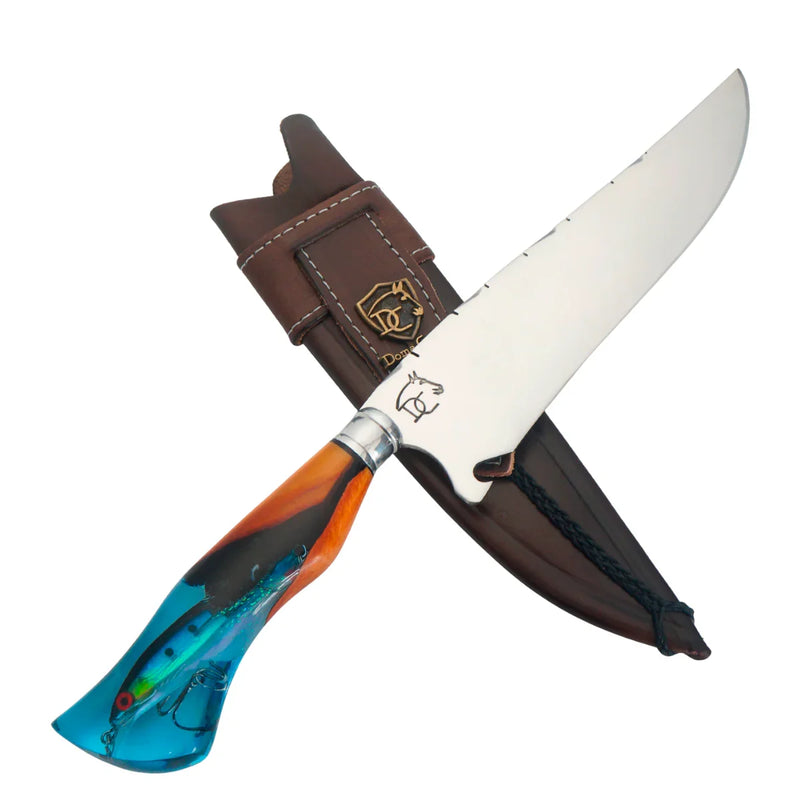 Faca Artesanal para Churrasco 8" Lâmina Lisa - Cutelaria Tema Pesca Aço Inox