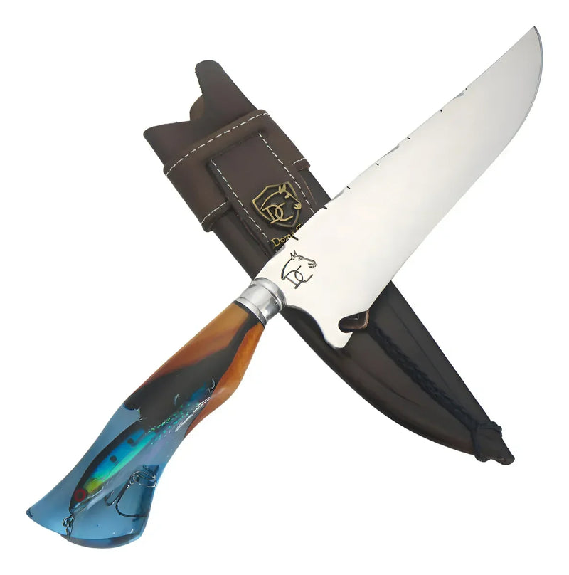 Faca de Churrasco Artesanal DC 8" Aço Inox Gravado - Cabo Resina com Isca Peixe