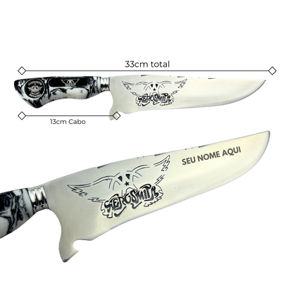 Faca Artesanal Aerosmith - Cabo Resina - Gravação Logo - Bainha Couro - Coleção Rock Legends