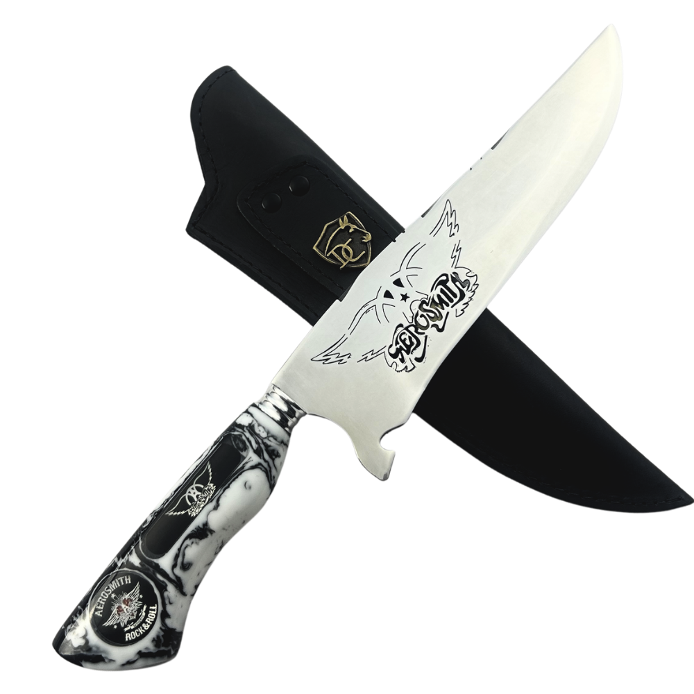 Faca Artesanal Aerosmith - Cabo Resina - Gravação Logo - Bainha Couro - Coleção Rock Legends