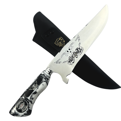 Faca Artesanal Aerosmith - Cabo Resina - Gravação Logo - Bainha Couro - Coleção Rock Legends