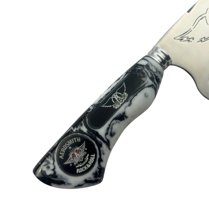 Faca Artesanal Aerosmith - Cabo Resina - Gravação Logo - Bainha Couro - Coleção Rock Legends