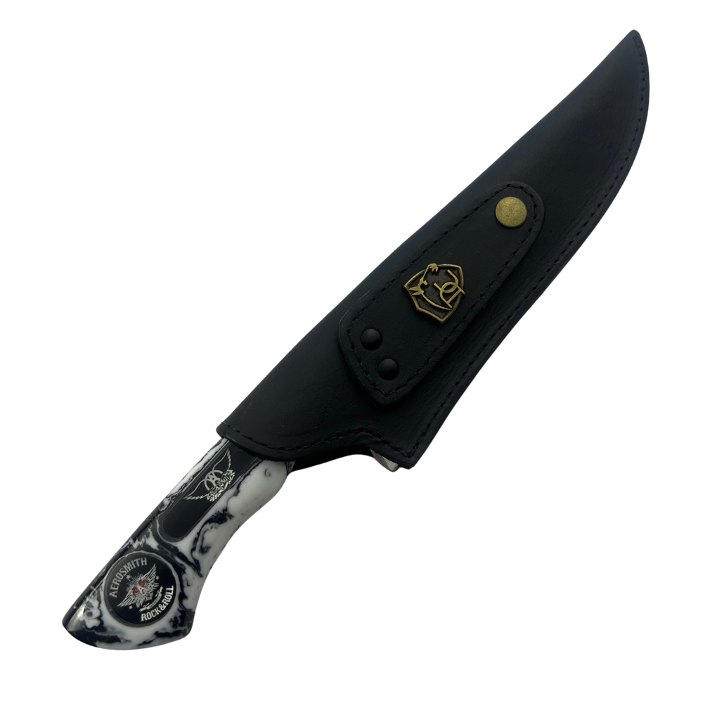 Faca Artesanal Aerosmith - Cabo Resina - Gravação Logo - Bainha Couro - Coleção Rock Legends