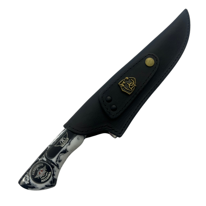 Faca Artesanal Aerosmith - Cabo Resina - Gravação Logo - Bainha Couro - Coleção Rock Legends