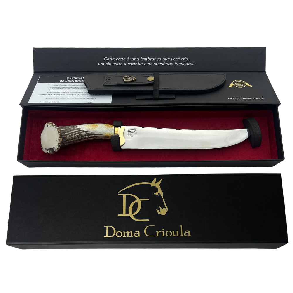 Faca Artesanal 10" - Lâmina Mosqueada 3mm - Cabo Chifre de Cervo Legítimo - Guarda em Latão - 42cm Total