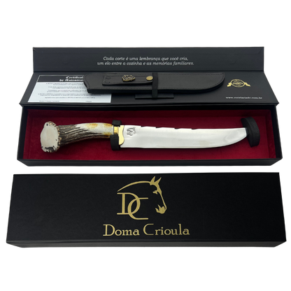 Faca Artesanal 10" - Lâmina Mosqueada 3mm - Cabo Chifre de Cervo Legítimo - Guarda em Latão - 42cm Total