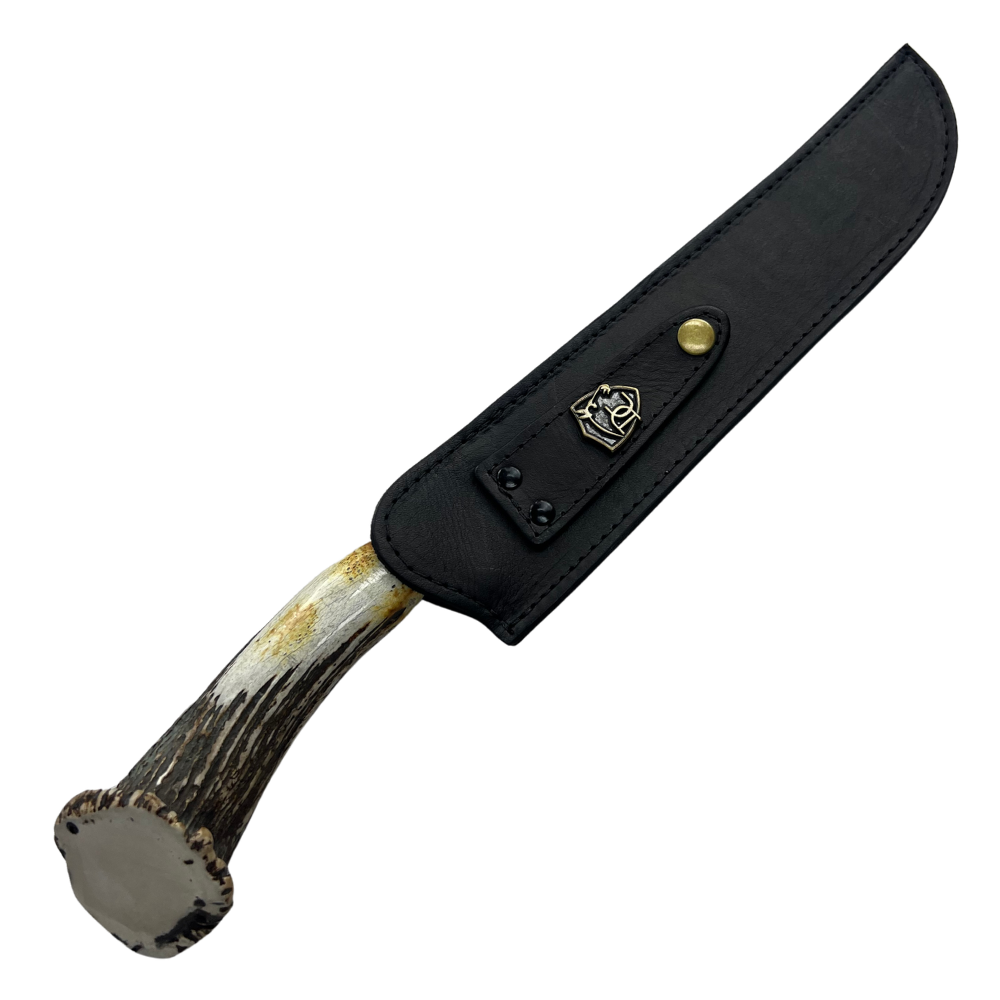Faca Artesanal 10" - Lâmina Mosqueada 3mm - Cabo Chifre de Cervo Legítimo - Guarda em Latão - 42cm Total