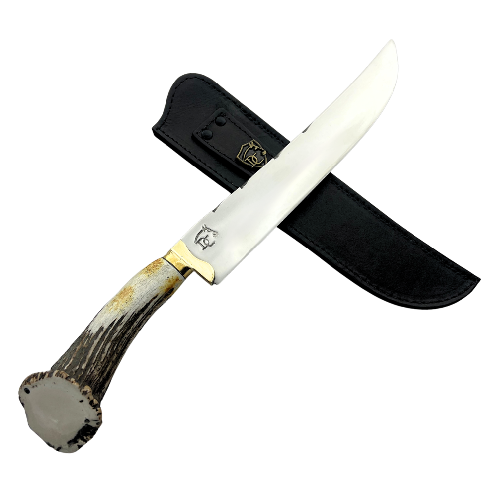 Faca Artesanal 10" - Lâmina Mosqueada 3mm - Cabo Chifre de Cervo Legítimo - Guarda em Latão - 42cm Total