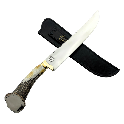 Faca Artesanal 10" - Lâmina Mosqueada 3mm - Cabo Chifre de Cervo Legítimo - Guarda em Latão - 42cm Total