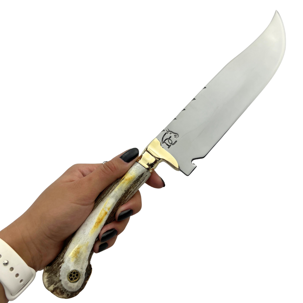 Faca Artesanal 8" - Lâmina Mosqueada 3mm - Cabo Chifre de Cervo Legítimo - Guarda em Latão