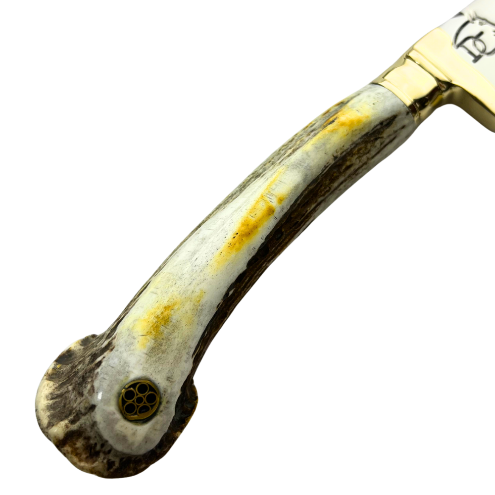 Faca Artesanal 8" - Lâmina Mosqueada 3mm - Cabo Chifre de Cervo Legítimo - Guarda em Latão