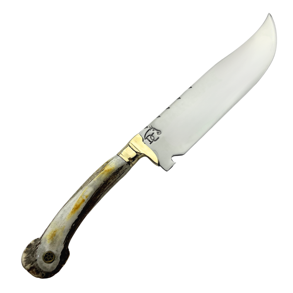 Faca Artesanal 8" - Lâmina Mosqueada 3mm - Cabo Chifre de Cervo Legítimo - Guarda em Latão