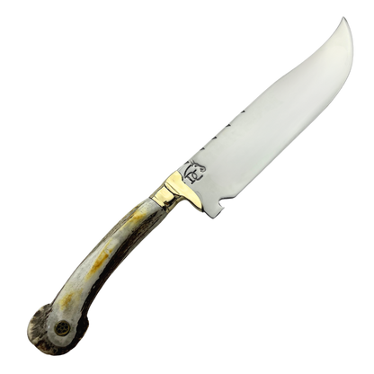 Faca Artesanal 8" - Lâmina Mosqueada 3mm - Cabo Chifre de Cervo Legítimo - Guarda em Latão