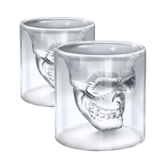 Copo Whisky Caveira Vidro Duplo - 2 Peças - 75ml - Design 3D