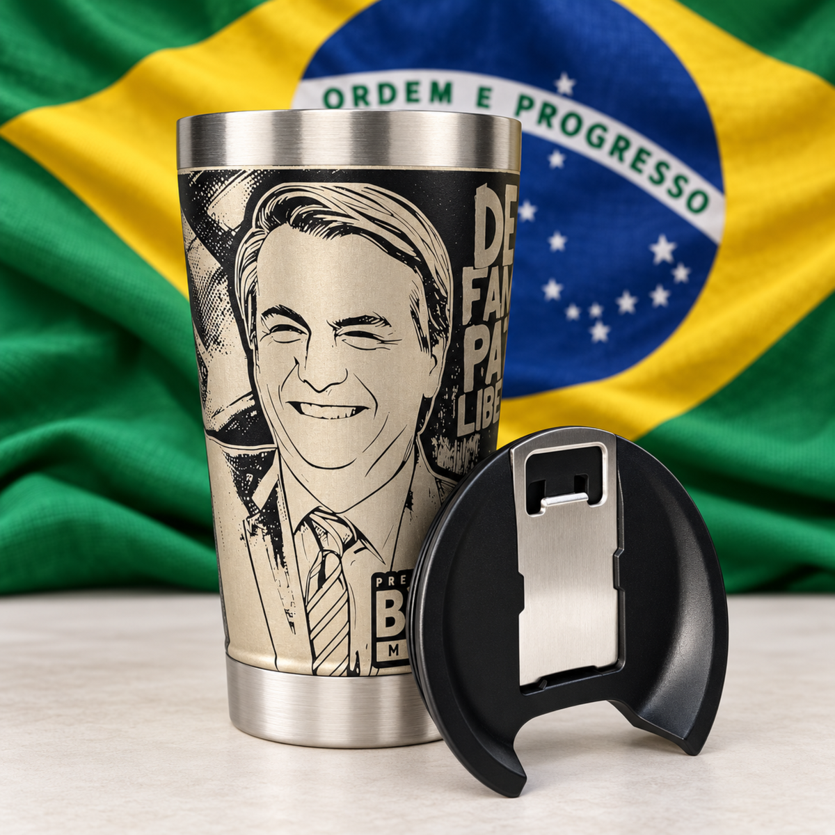 Copo Térmico 475ml Bolsonaro com tampa abridor e bandeira do Brasil ao fundo