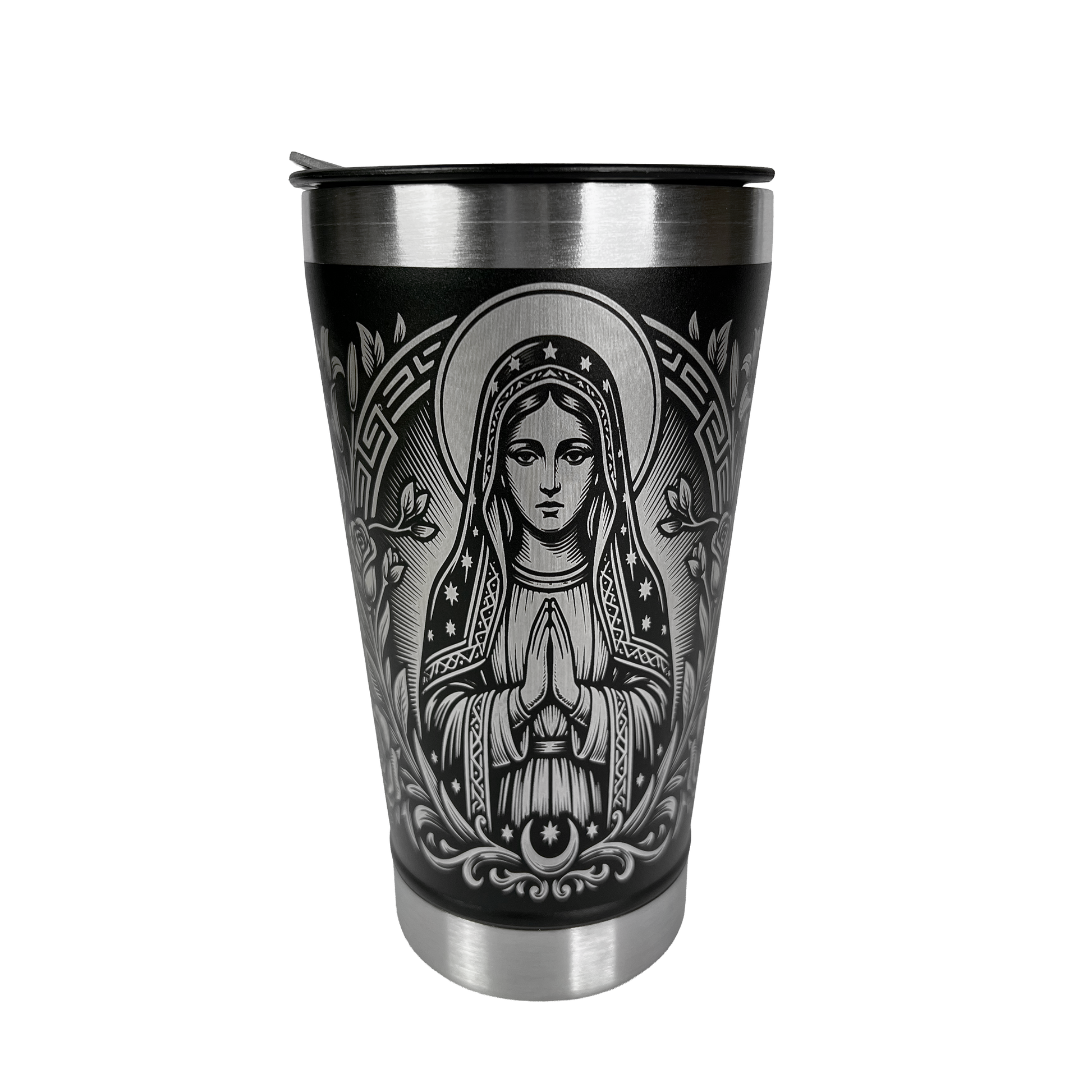 Copo Térmico Nossa Senhora 475ml - lateral com gravação floral