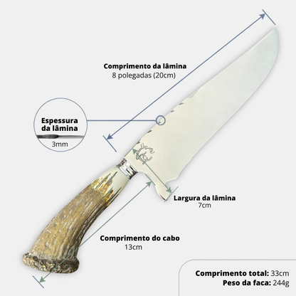 Medidas da faca Cervo: lâmina 20 cm, cabo 13 cm, total 33 cm, largura 7 cm, espessura 3 mm e peso 244 g