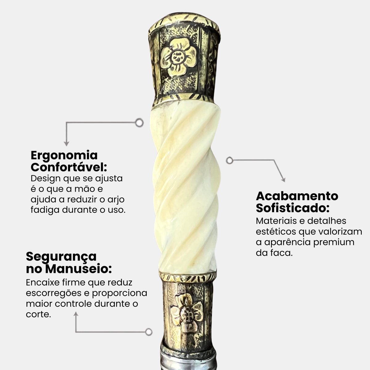 Detalhes do cabo de osso torcido e das ponteiras com relevo de flor