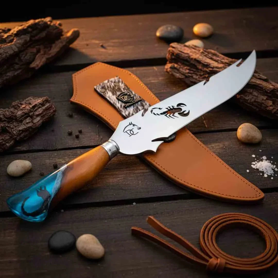 Faca Picanheira Escorpião Artesanal 10" Aço Inox Polido - Cabo Resina Artística Azul