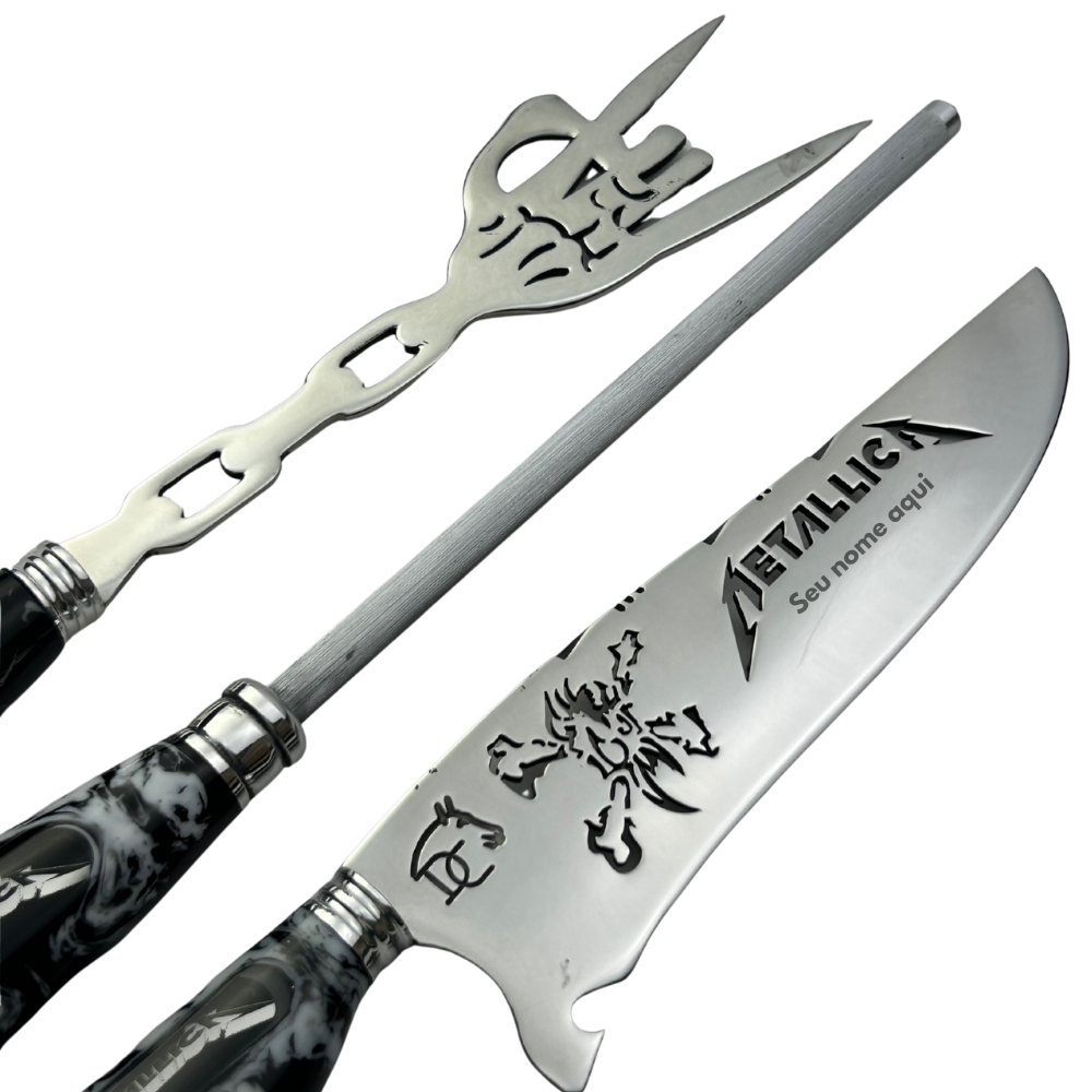 Kit Faca, Garfo e Chaira 8" Metallica - Cabo Resina Personalizado - Thrash Metal