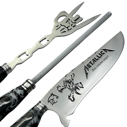 Kit Faca, Garfo e Chaira 8" Metallica - Cabo Resina Personalizado - Thrash Metal