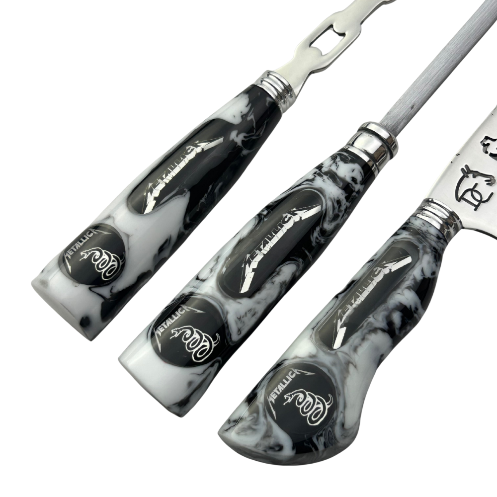 Kit Faca, Garfo e Chaira 8" Metallica - Cabo Resina Personalizado - Thrash Metal