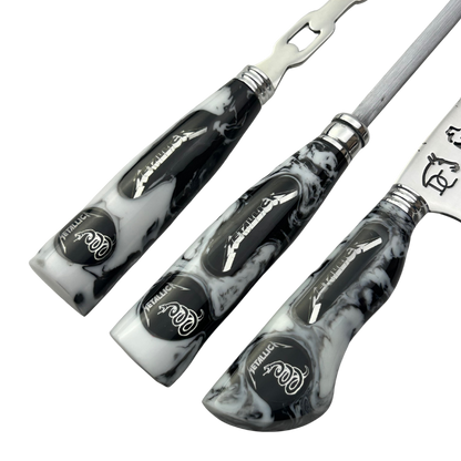 Kit Faca, Garfo e Chaira 8" Metallica - Cabo Resina Personalizado - Thrash Metal