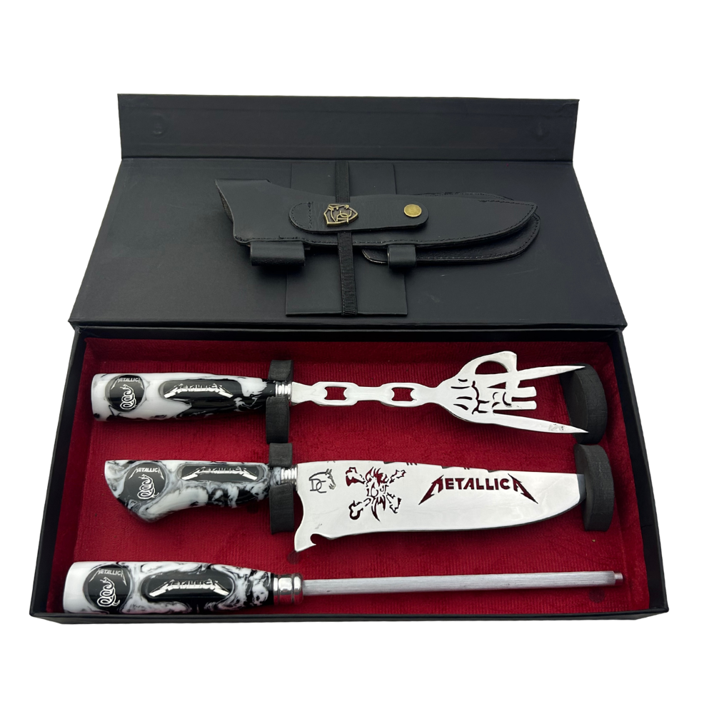 Kit Faca, Garfo e Chaira 8" Metallica - Cabo Resina Personalizado - Thrash Metal