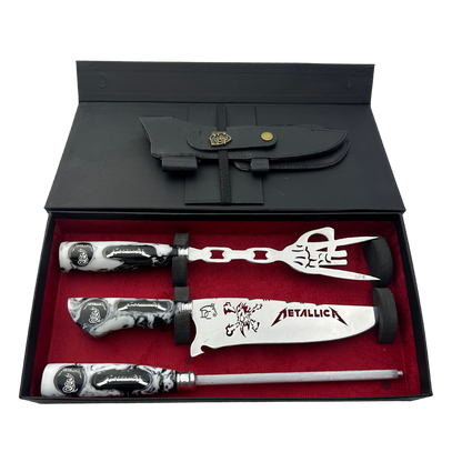 Kit Faca, Garfo e Chaira 8" Metallica - Cabo Resina Personalizado - Thrash Metal