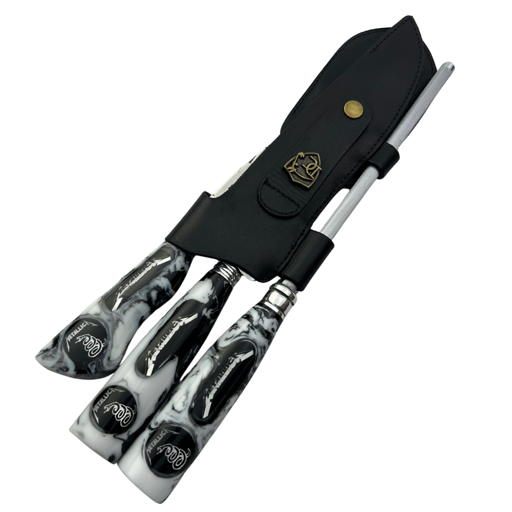 Kit Faca, Garfo e Chaira 8" Metallica - Cabo Resina Personalizado - Thrash Metal