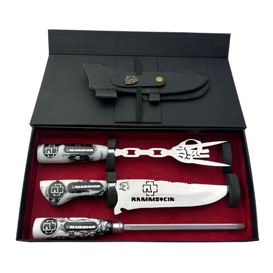 Kit Faca, Garfo e Chaira 8" Rammstein - Cabo Resina Personalizado - Industrial Metal