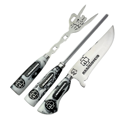 Kit Faca, Garfo e Chaira 8" Rammstein - Cabo Resina Personalizado - Industrial Metal