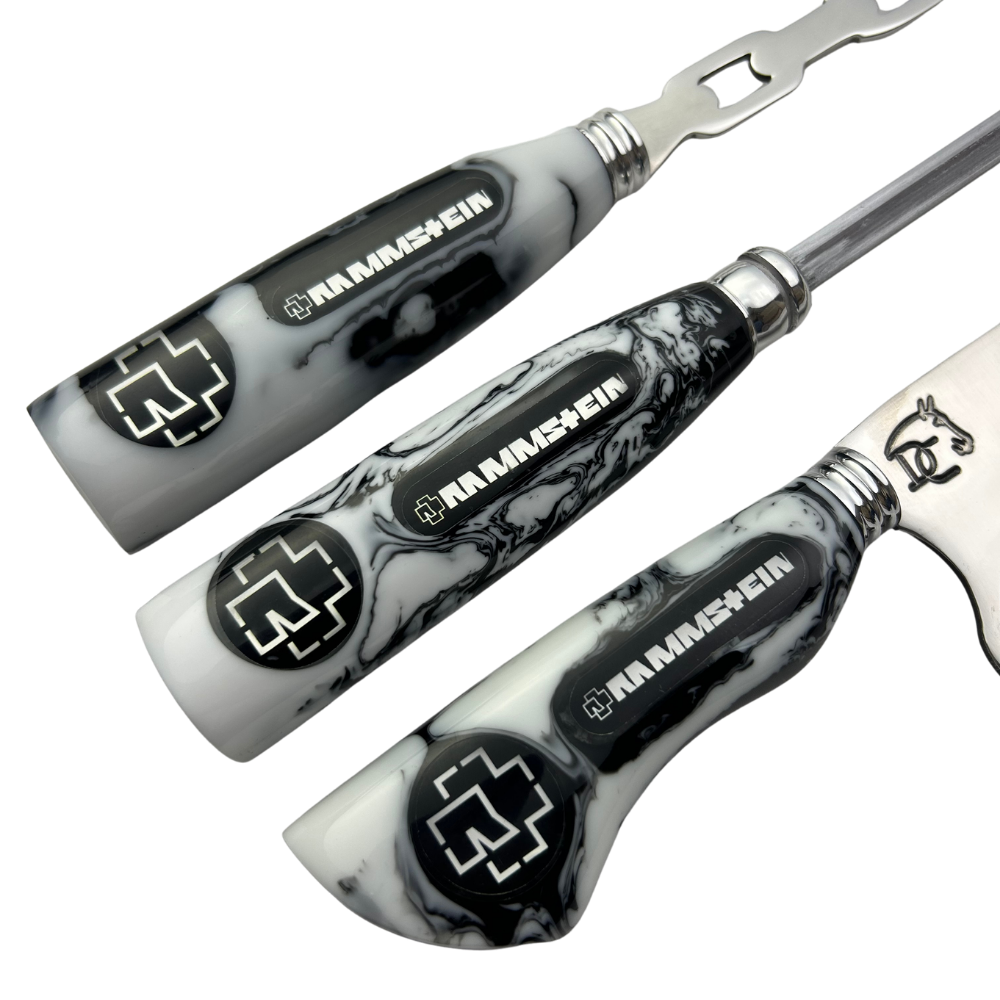 Kit Faca, Garfo e Chaira 8" Rammstein - Cabo Resina Personalizado - Industrial Metal