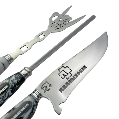 Kit Faca, Garfo e Chaira 8" Rammstein - Cabo Resina Personalizado - Industrial Metal