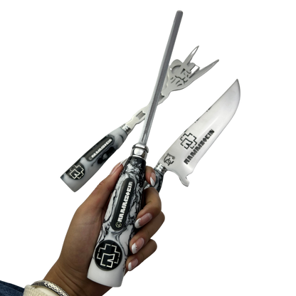 Kit Faca, Garfo e Chaira 8" Rammstein - Cabo Resina Personalizado - Industrial Metal