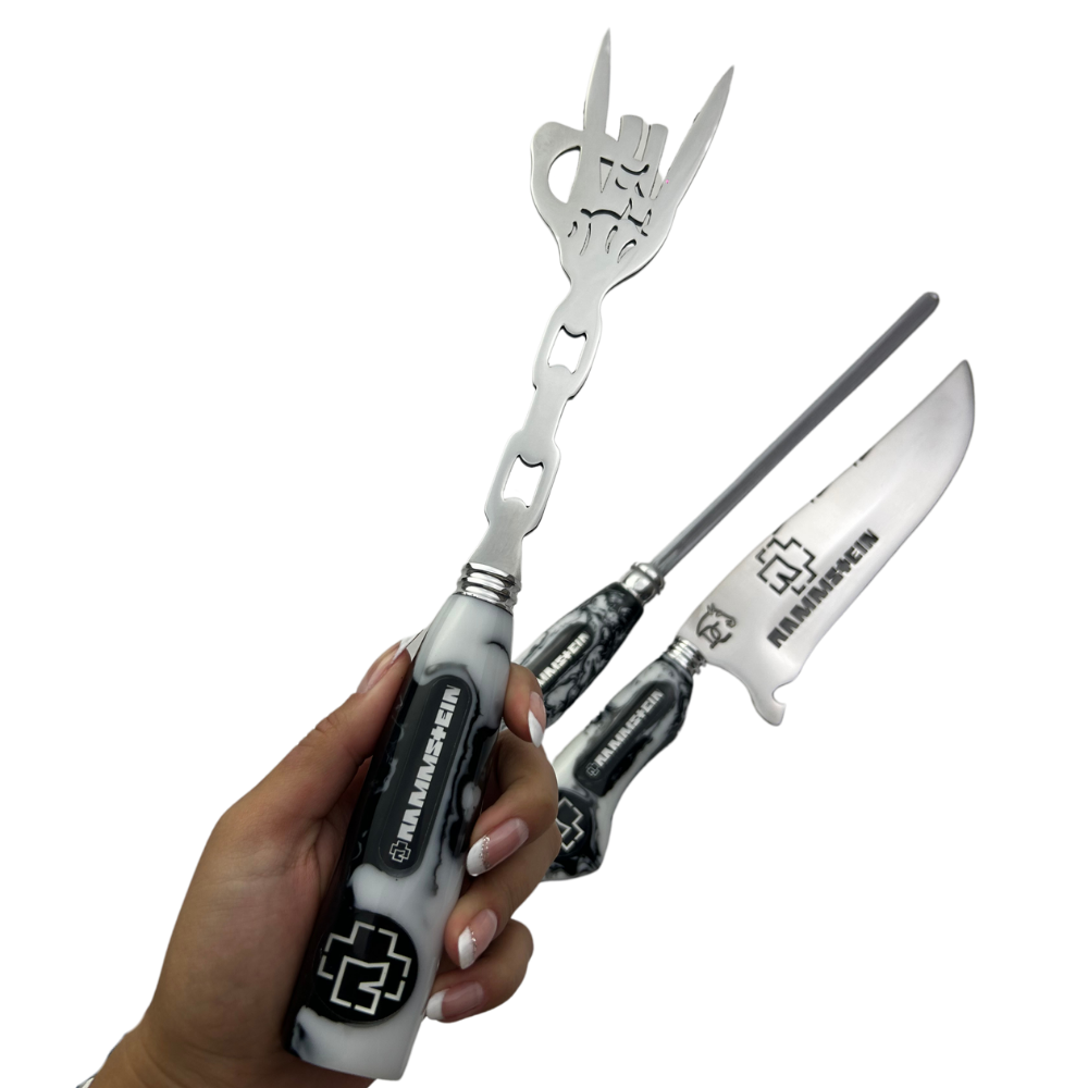 Kit Faca, Garfo e Chaira 8" Rammstein - Cabo Resina Personalizado - Industrial Metal