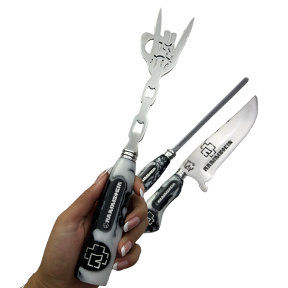 Kit Faca, Garfo e Chaira 8" Rammstein - Cabo Resina Personalizado - Industrial Metal