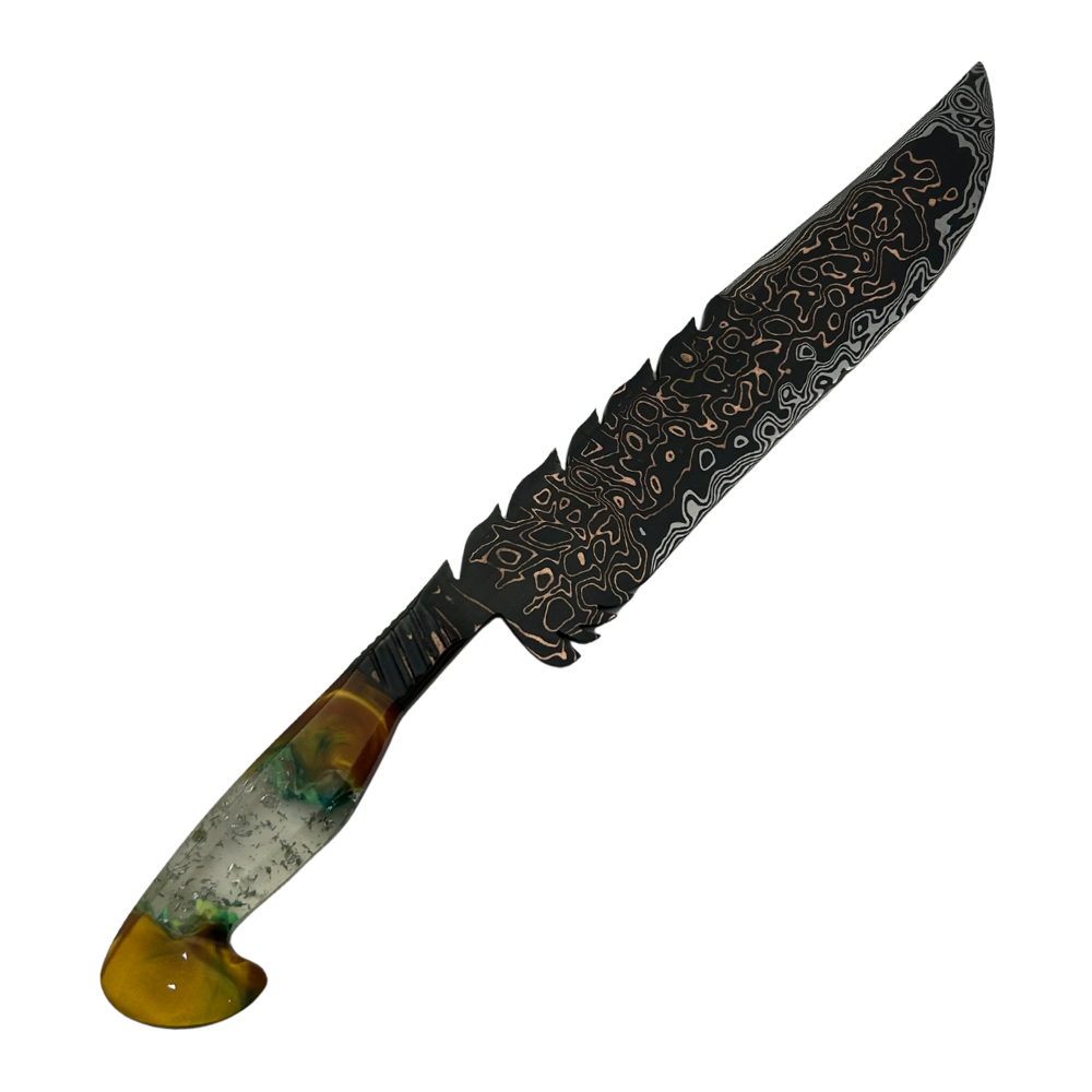 Faca Artesanal Tiger Damasco com Cobre - Cabo Resina Brilha no Escuro - Flocos e Placa - Peça Única Exclusiva
