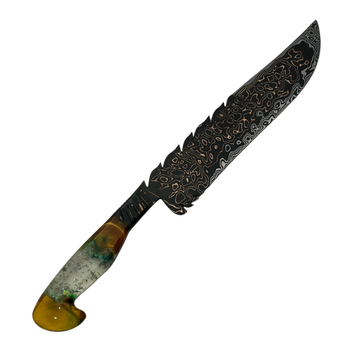 Faca Artesanal Tiger Damasco com Cobre - Cabo Resina Brilha no Escuro - Flocos e Placa - Peça Única Exclusiva