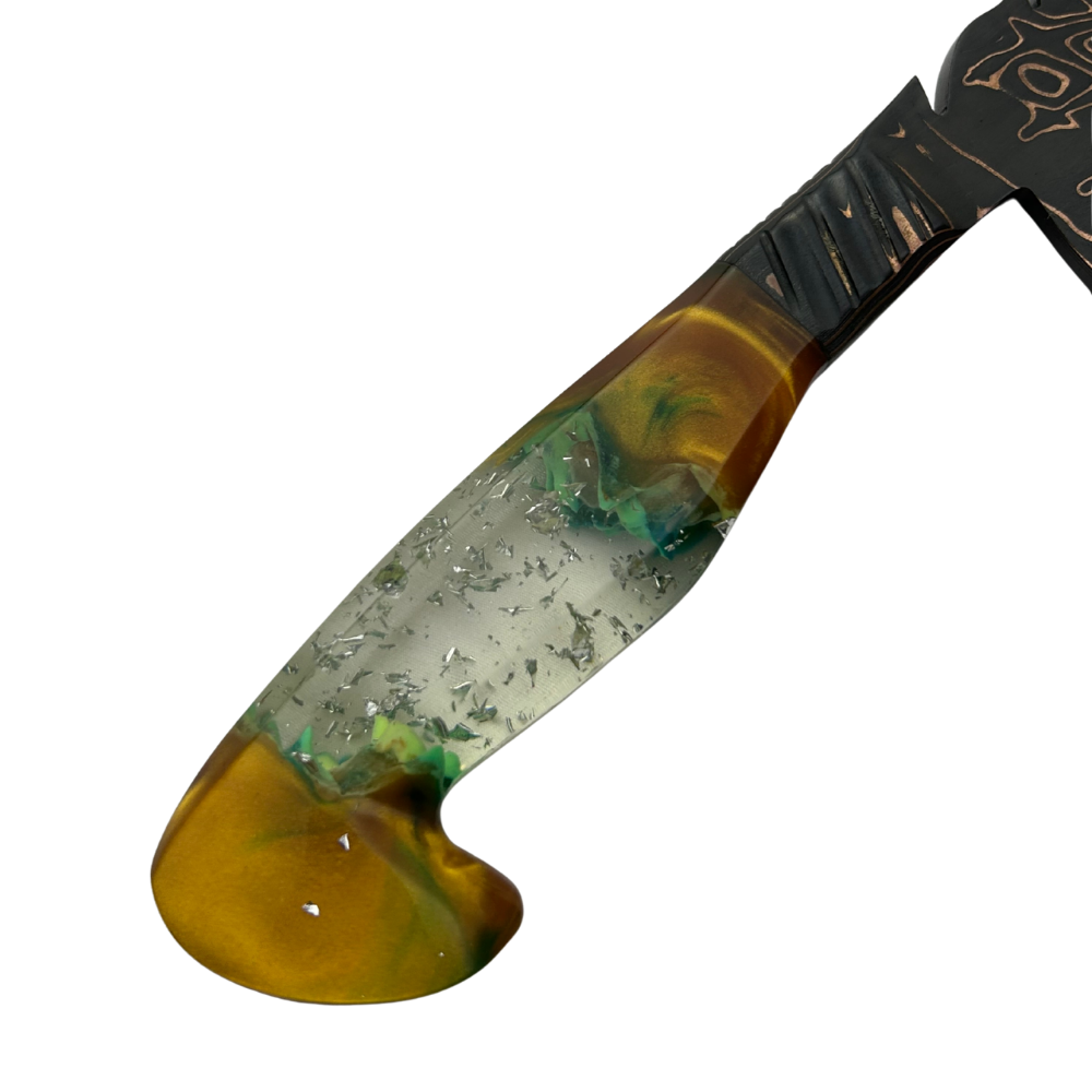 Faca Artesanal Tiger Damasco com Cobre - Cabo Resina Brilha no Escuro - Flocos e Placa - Peça Única Exclusiva