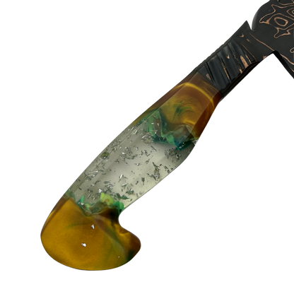 Faca Artesanal Tiger Damasco com Cobre - Cabo Resina Brilha no Escuro - Flocos e Placa - Peça Única Exclusiva