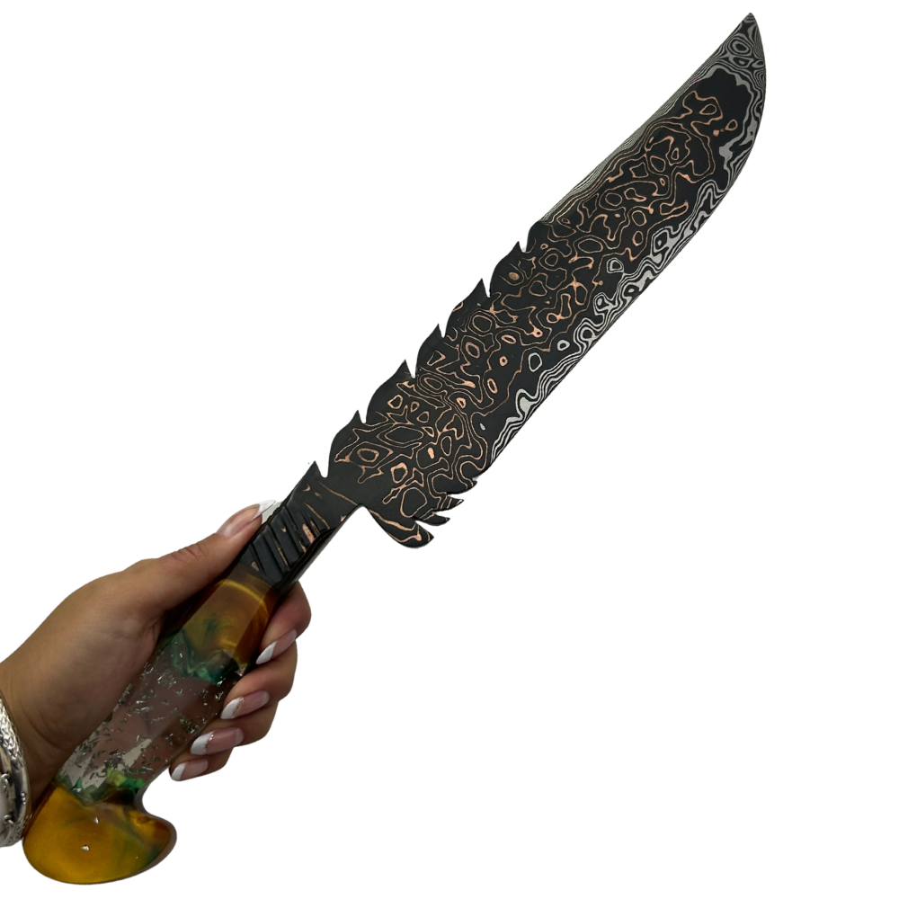 Faca Artesanal Tiger Damasco com Cobre - Cabo Resina Brilha no Escuro - Flocos e Placa - Peça Única Exclusiva