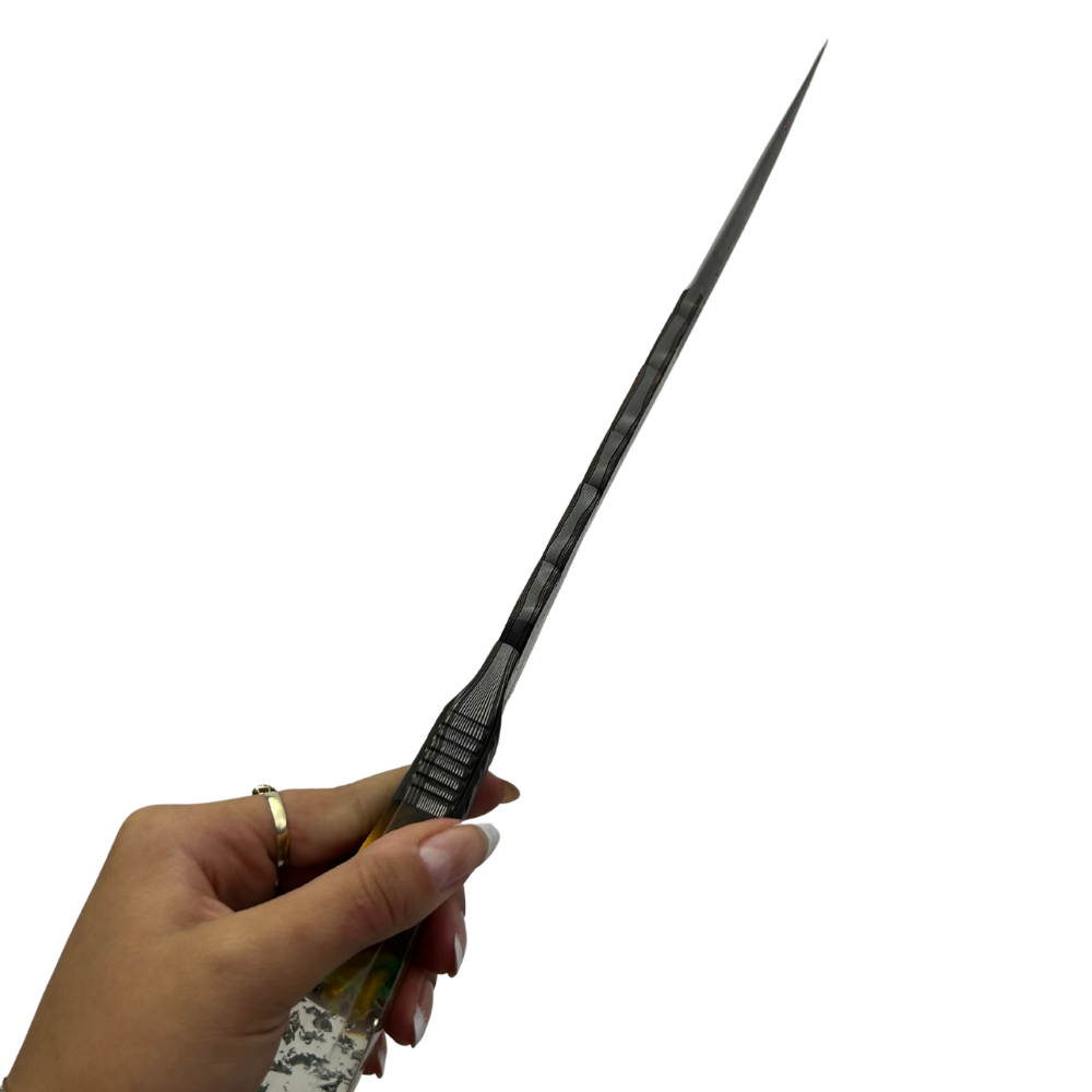 Faca Artesanal Tiger Damasco com Cobre - Cabo Resina Brilha no Escuro - Flocos e Placa - Peça Única Exclusiva