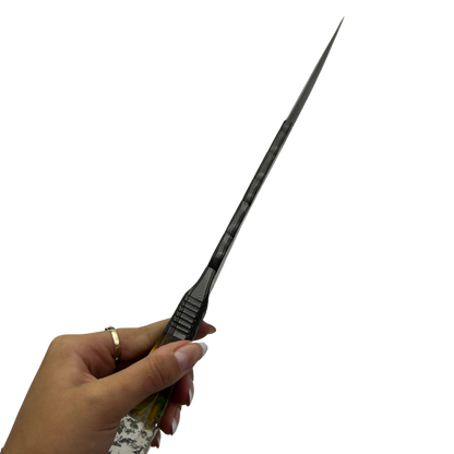 Faca Artesanal Tiger Damasco com Cobre - Cabo Resina Brilha no Escuro - Flocos e Placa - Peça Única Exclusiva