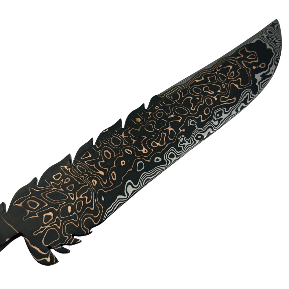 Faca Artesanal Tiger Damasco com Cobre - Cabo Resina Brilha no Escuro - Flocos e Placa - Peça Única Exclusiva