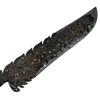Faca Artesanal Tiger Damasco com Cobre - Cabo Resina Brilha no Escuro - Flocos e Placa - Peça Única Exclusiva